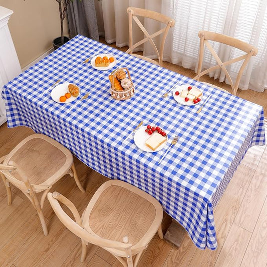 Heavy Duty Vinyl Tablecloth with Flannel Backing Waterproof Oil-Proof Plastic Table Cloth Stain-Resistant Wipeable Rectangle or Square Table Cover for Indoor and Outdoor (Blue Checkered, 52x70 Inch)