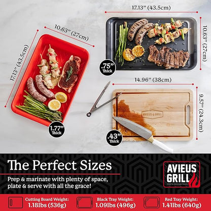 AVIEUS Grill Prep and Serving Trays | Set of 3 Stackable, Melamine Trays with Bamboo Cutting Board | Trays for Marinating, Serving & Chopping | Serving Platter for Plating Food & BBQ Prep Tub |
