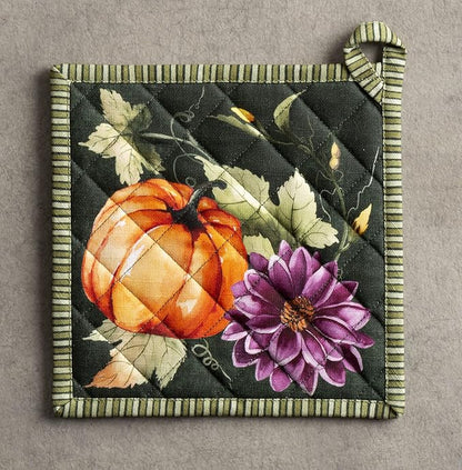Maison d' Hermine Pot Holders 100% Cotton Potholders (8" x 8", Pack of 1) | Heat Resistant Hot Pads with Loop BBQ Cooking Kitchen Handling Hot Pans Thanksgiving Christmas - Pumpkin Garden - Dark Green