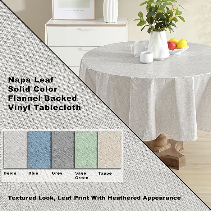 Newbridge Napa Leaf Beige Vinyl Flannel Backed Tablecloth, 70 Inch Round, Hotel Quality Waterproof Indoor Outdoor Table Cover for Kitchen, Patio, Dining, BBQ
