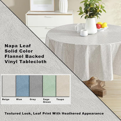 Newbridge Napa Leaf Beige Vinyl Flannel Backed Tablecloth, 70 Inch Round, Hotel Quality Waterproof Indoor Outdoor Table Cover for Kitchen, Patio, Dining, BBQ