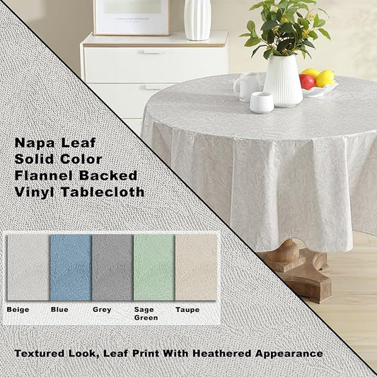 Newbridge Napa Leaf Beige Vinyl Flannel Backed Tablecloth, 70 Inch Round, Hotel Quality Waterproof Indoor Outdoor Table Cover for Kitchen, Patio, Dining, BBQ