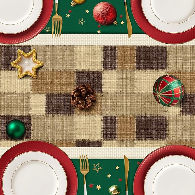 Linen Plaid Table Runner,Dining Decor for Kitchen Coffee Table Family Dinners Holiday Parties Wedding Events Decor(13x72 inch)
