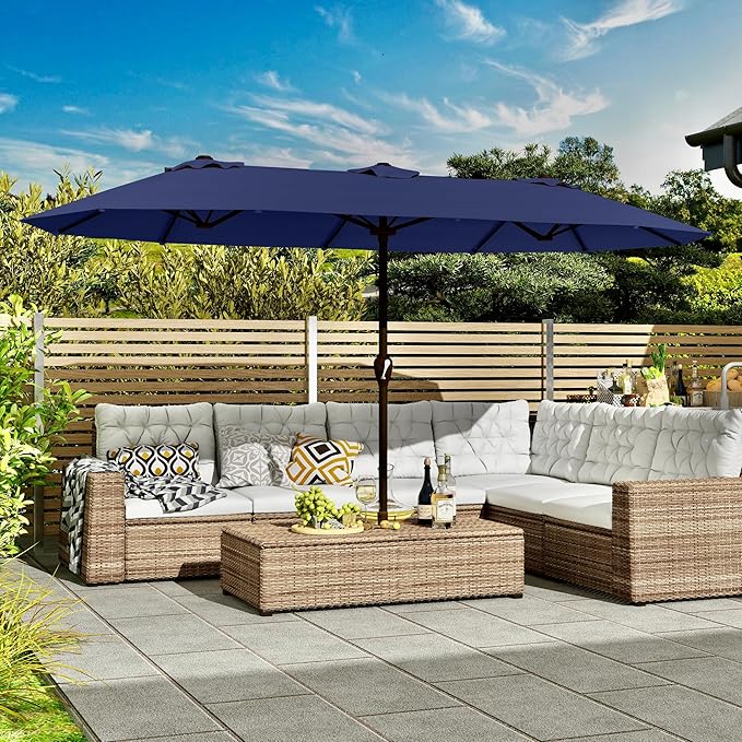 Kingdura 15ft Large Patio Umbrella with Base Included, Double-Sided Rectangle Outdoor Table Umbrella with 12 Reinforced Ribs, Crank Lift for Market Pool Deck Backyard, Navy blue