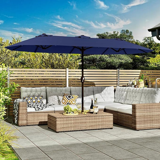 Kingdura 15ft Large Patio Umbrella with Base Included, Double-Sided Rectangle Outdoor Table Umbrella with 12 Reinforced Ribs, Crank Lift for Market Pool Deck Backyard, Navy blue