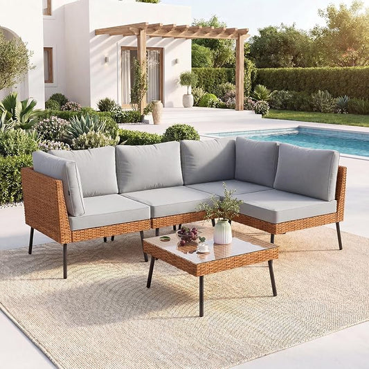 Aoxun 5-Piece Patio Furniture Set, Wicker Outdoor Furniture with Water Resistant Thick Cushions, Patio Conversation Set Outdoor Sectional Sofa with Coffee Table for Backyard Poolside, Light Grey