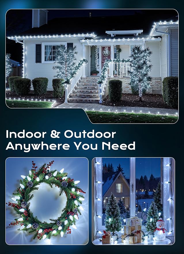 C9 LED Christmas Lights Outdoor, 72 FT 110 LED C9 String Lights, 8 Modes & Timer Connectable Waterproof for Christmas Tree Light Indoor Outdoor Roofline Patio Garden Yard Xmas Decoration, White 2 Pack