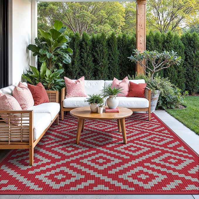GENIMO Outdoor Rug, Waterproof Plastic Rugs for Patio, 9'x12' Red Grey | Outside Larger Modern Carpet Mat for Porch Decor, Deck, Balcony, Camping, RV, Backyard, Picnic, Beach, Reversible, Foldable