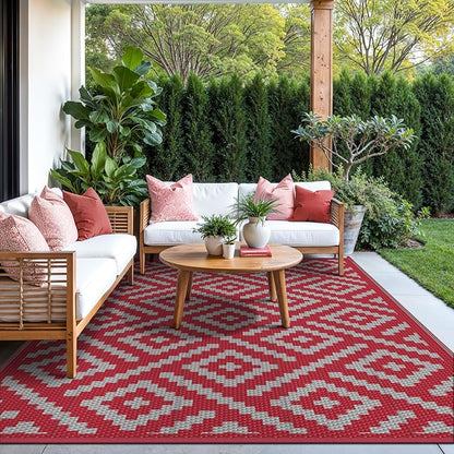 GENIMO Outdoor Rug, Waterproof Plastic Rugs for Patio, 9'x12' Red Grey | Outside Larger Modern Carpet Mat for Porch Decor, Deck, Balcony, Camping, RV, Backyard, Picnic, Beach, Reversible, Foldable