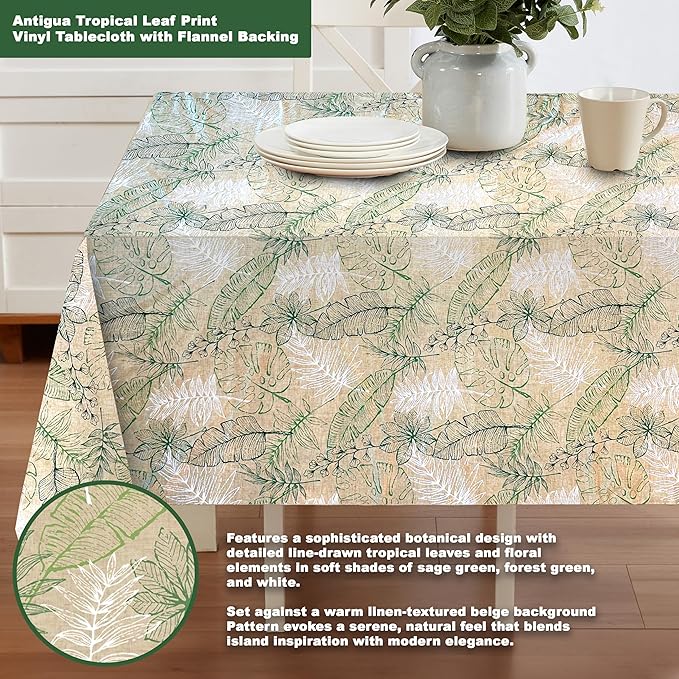 Antigua Tropical Leaf Vinyl Tablecloth – 60 x 84 Inch Rectangle Waterproof Table Cover with Flannel Backing, Wipeable Indoor/Outdoor Summer Flowers Print for Picnics, BBQs, and Holiday Dining