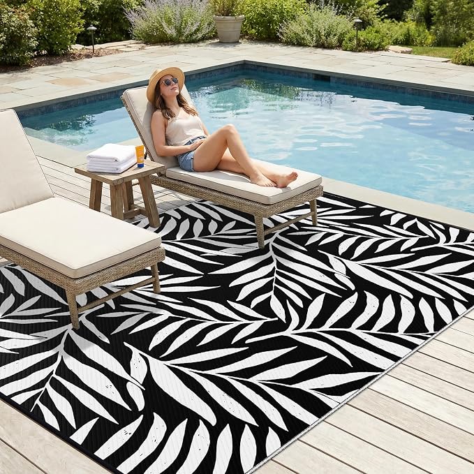 Smiry Outdoor Rug 9x12 ft Waterproof Reversible Leaf Mat, Black & White | Polypropylene Plastic Straw, Quick Drying, Lightweight Foldable, for Patio, Deck, RV Camping, Backyard and Indoor Outdoor Use