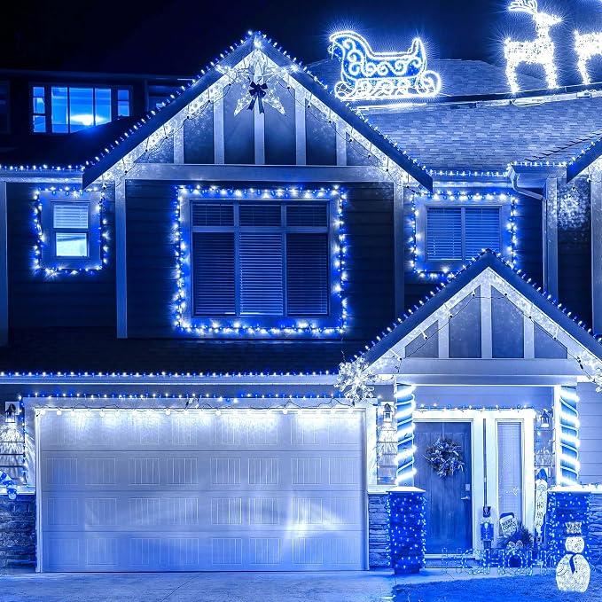 Wellisnow 164ft 500 LED Blue White Christmas Lights, 8 Lighting Modes Waterproof Christmas Lights Outdoor Plug in for Christmas Tree Yard Wedding Decorations(164FT,Blue&White)