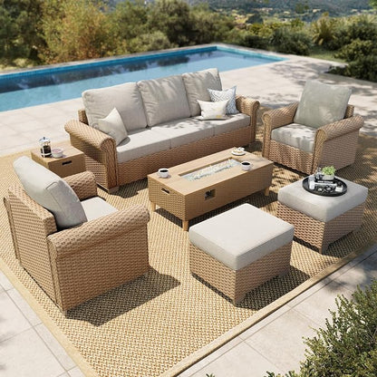 HERA'S HOUSE Patio Furniture Set, 4 x Cushioned Chairs, 3-Seat Sofa with Wood Grain Coffee Table, 5 Seats Luxury Windsor Style All Weahter Outdoor Sofa Conversation Set for Deck Lawn Backyard