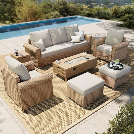 HERA'S HOUSE Patio Furniture Set, 4 x Cushioned Chairs, 3-Seat Sofa with Wood Grain Coffee Table, 5 Seats Luxury Windsor Style All Weahter Outdoor Sofa Conversation Set for Deck Lawn Backyard