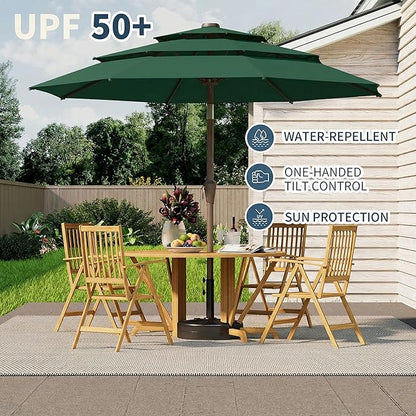 10FT Patio Umbrella 3 Tiers Outdoor Market Umbrella w/Push Button Tilt, Crank, UV and Waterproof Table Umbrella for Garden, Pool, Backyard, Deck, Lawn, Forest Green
