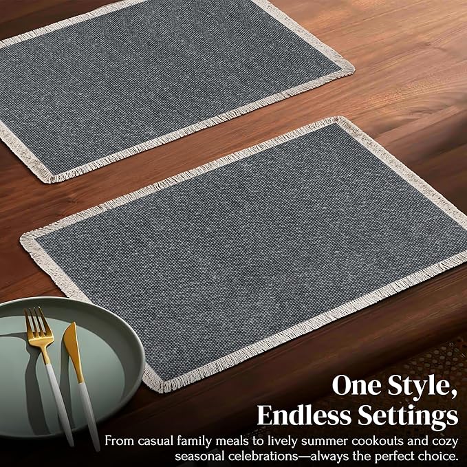 Hausattire Cotton Frayed Placemats Set of 6 Dining Table 13x19 Inch | Rustic Boho Washable Easter Placemat for Outdoor Parties BBQ's Wedding, Holiday, Nubby Cotton - Washed Black