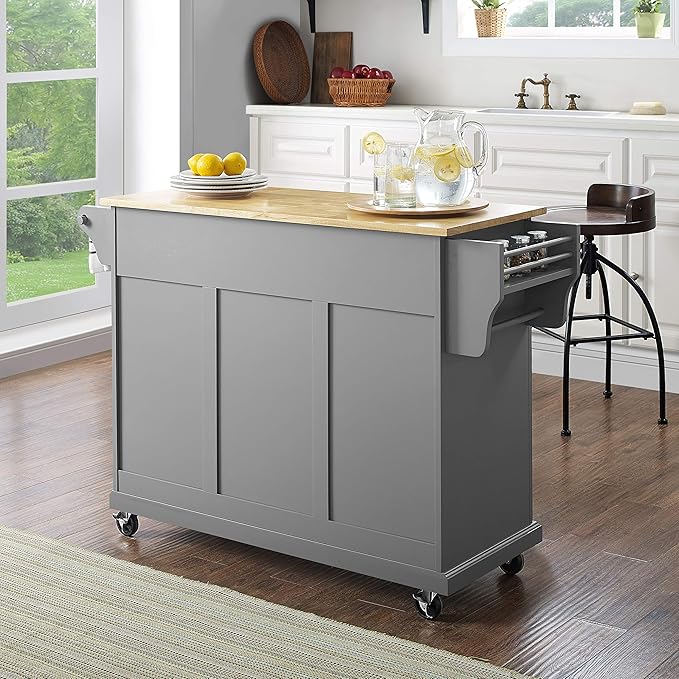 Crosley Furniture Full Size Wood Top Rolling Kitchen Island Storage Cart, Microwave Stand, Spice Rack, Gray