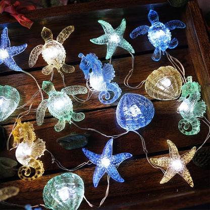 Beach Decorative Lights Marine Sea Life Décor Ocean Fairy Lights Nautical Waterproof Battery Operated String Lights Under The Sea Christmas Tree Decoration 30LED 10ft Summer Garden Tent Decor