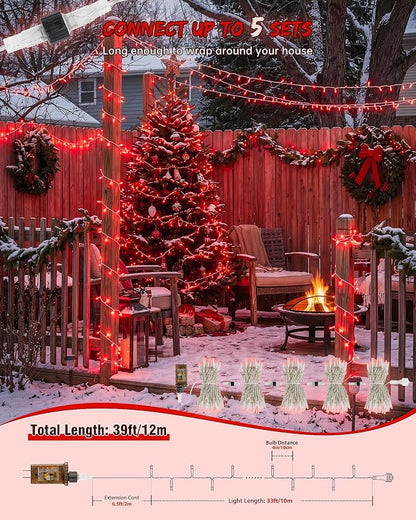 33FT 100 LED Red Christmas Valentine's Day Twinkle String Lights | Remote Control, 13 Modes with Memory, 4 Dimmable Brightness, 4 speed levels, Connectable, IP65 Waterproof, Transparent Wire