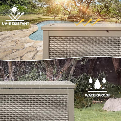 DWVO 320 Gallon Resin Outdoor Storage Box, XXL Large Waterproof Deck Box, Doubles as Table or Seating with 1000 lbs Capacity, Lockable (Brown)