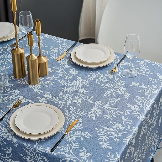 LIBERECOO Vinyl Tablecloth with Flannel Backing –Indigo Botanical Charm, Waterproof, Wipeable, Durable Table Cover – 4 Colors