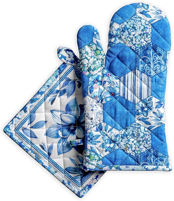 Maison d' Hermine 100% Cotton Oven Mitt & Pot Holder Set (7.5"x13" & 8"x8") Heat Resistant BBQ Cooking Gloves with Loop Baking Grilling Kitchen Hotel Home Farmhouse Spring Summer (Summer Blues)