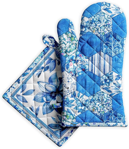Maison d' Hermine 100% Cotton Oven Mitt & Pot Holder Set (7.5"x13" & 8"x8") Heat Resistant BBQ Cooking Gloves with Loop Baking Grilling Kitchen Hotel Home Farmhouse Spring Summer (Summer Blues)