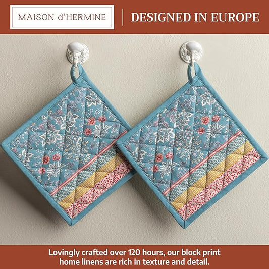 Maison d' Hermine Pot Holders 100% Cotton Heat Resistant Potholders 8" x 8" Hot Pads with Loop BBQ Cooking Baking Hotel Farmhouse Kitchen Handling Hot Pans Spring Summer (Pack of 2, Marquise)