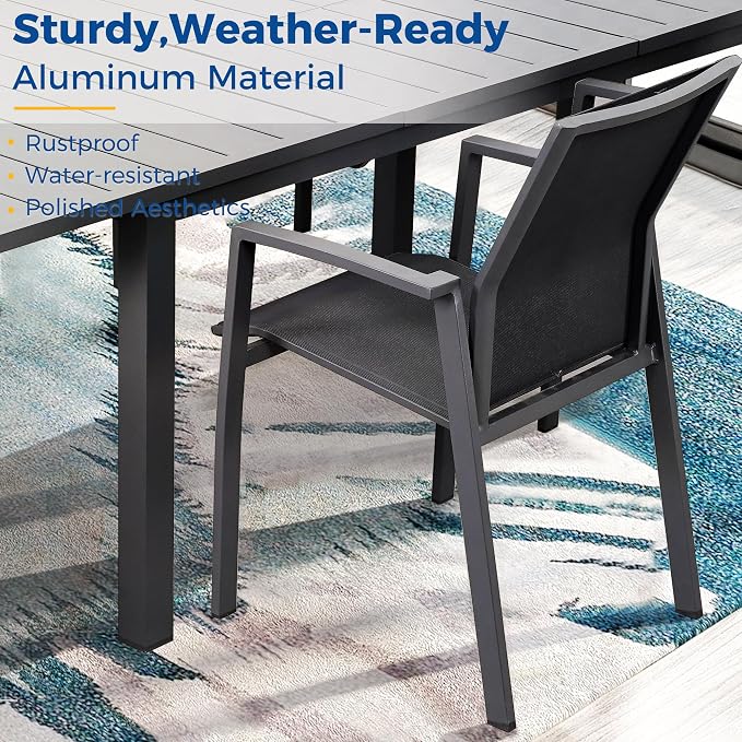 Wisteria Lane 7 Piece Aluminum Outdoor Patio Dining Sets with Fully Assembled Dining Chair，91.3" L×39.4" W Expandable Patio Table and Chairs Set for 6, Stackable Chairs with Quick Drying Fabric, Grey