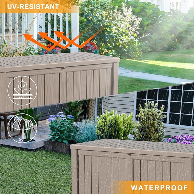ROJIK 150 Gallon Waterproof Outdoor Deck Storage Box, Lockable Resin Patio Storage Bin with Lid for Garden Tools, Patio Cushions & Outdoor Accessories(Grey)