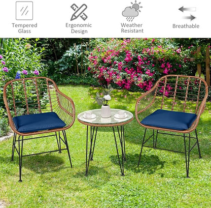 Tangkula 3 Pieces Patio Conversation Bistro Set, Outdoor Wicker Furniture w/Round Tempered Glass Top Table & 2 Rattan Armchairs, Bistro Chat Set w/Seat Cushions for Porch, Backyard, Garden