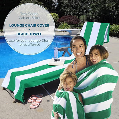 Superior Cabana Cotton Lounge Chair Cover, Outdoor Towel/Chaise Furniture Covers, Terry Cloth, Beach, Spa, Swim Accessories, Pool Chair Cover, Soft, Quick Drying, 32" x 102", Set of 6, Dark Green