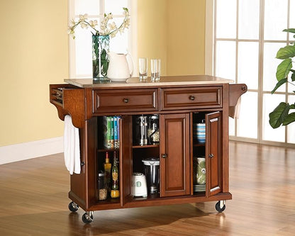 Crosley Furniture Full Size Stainless Steel Rolling Kitchen Island Storage Cart, Microwave Stand, Spice Rack, Cherry