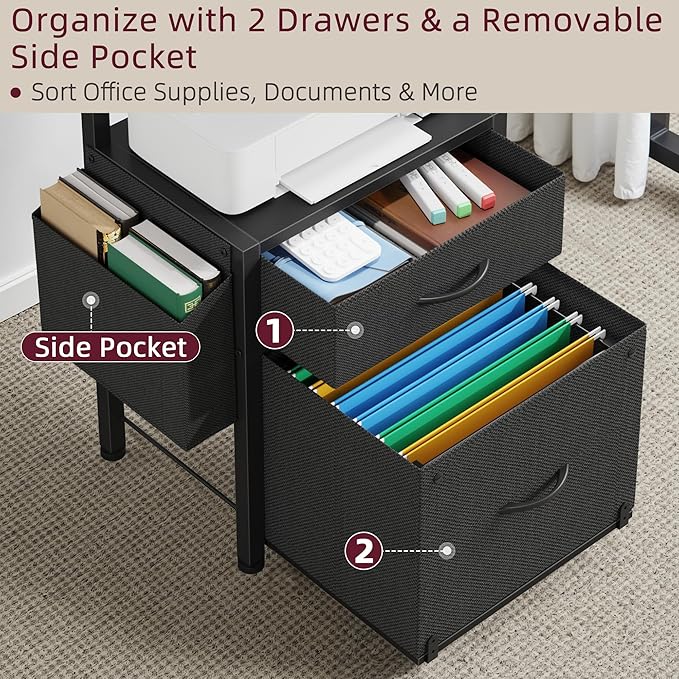 HIGDBFE Filing Cabinet with 2-Tier Printer Shelves, 2 Fabric Drawers File Cabinet with Reversible Side Bag&File Drawer, Printer Stand with Storage for Home Office, Black, 16.5" W