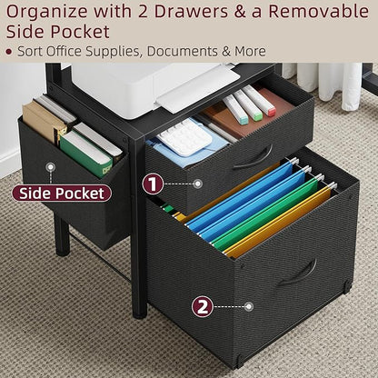 HIGDBFE Filing Cabinet with 2-Tier Printer Shelves, 2 Fabric Drawers File Cabinet with Reversible Side Bag&File Drawer, Printer Stand with Storage for Home Office, Black, 16.5" W