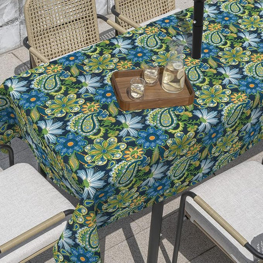 Outdoor Rectangle Tablecloth, 60×84 Inch Water Repellent Picnic Table Cover with Umbrella Hole Zipper for Patio Family Meal, Wonder Garden