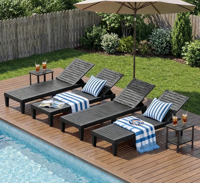 Outdoor Chaise Lounge Chair Set of 4, 5-Position Adjustable Tanning Lounge Chair, All-Weather Resin Patio Lounge Chair for Pool, Beach, Garden (Black)
