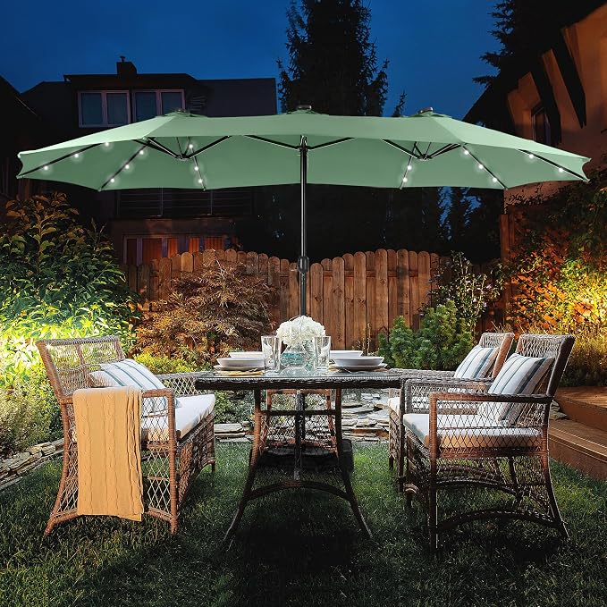 15ft Patio Umbrella with Solar lights & Base, Large Umbrellas, Mint | HERA'S PALACE Rectangle Double Market Umbrella with 36 LED Lights, Big Outdoor Umbrellas for Pool Picnic Inground Yard Deck