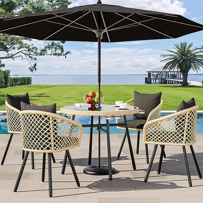 YITAHOME Outdoor Dining Set with Umbralle Hole, 5pcs Rattan Patio Dining Set for 4 with Cup Holders Soft Cushions and Glass Top Dining Table for Patio, Backyard, Garden, Bacony, Light Brown & Black