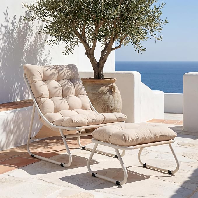 Rocking Chair with Ottoman, Modern Metal Frame Outdoor Rocker, Comfy Patio Lounge Chair with Footrest, Reading Glider Chairs for Living Room, Bedroom, Balcony, Garden, Relax, Beige