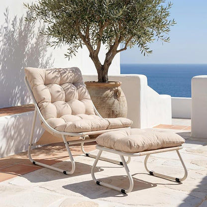 Rocking Chair with Ottoman, Modern Metal Frame Outdoor Rocker, Comfy Patio Lounge Chair with Footrest, Reading Glider Chairs for Living Room, Bedroom, Balcony, Garden, Relax, Beige