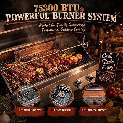 Casaphoria 84" Outdoor Kitchen Grill Island with Refrigerator and Sink, Professional Stainless Steel BBQ with 6-Burner 75300 BTU Propane & Natural Gas, Granite Countertop, Rapid Setup, Black