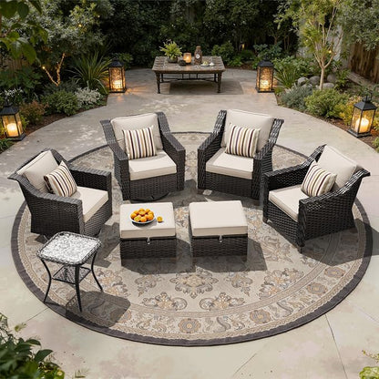7 Piece Patio Furniture Set, Wicker Outdoor Conversation Set | Patio Chair Set with Olefin Removable Cushion, All-Weather Glider Swivel Chair Set with Deep Seat for Porch, Deck, Beige