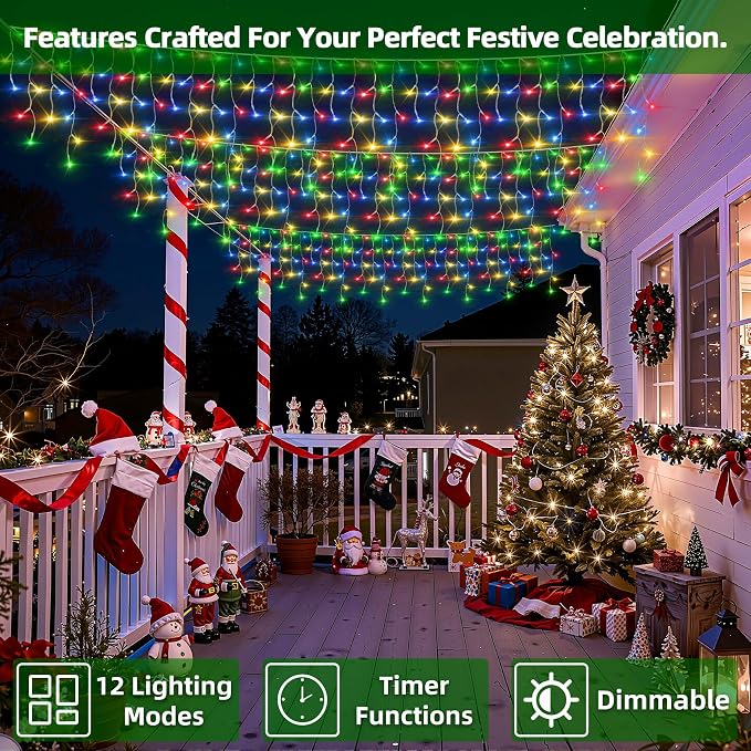 1332 LED 132FT Christmas Lights,296 Drops Icicle Lights with 12 Modes | Multicolor Icicle String Lights with Timer and Dimming for Long Rooflines, Wide Eaves, Storefronts and Wedding Backdrops