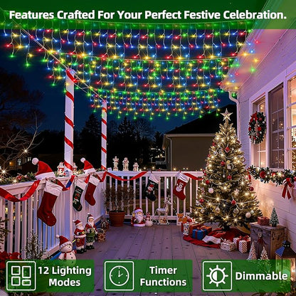 1332 LED 132FT Christmas Lights,296 Drops Icicle Lights with 12 Modes | Multicolor Icicle String Lights with Timer and Dimming for Long Rooflines, Wide Eaves, Storefronts and Wedding Backdrops
