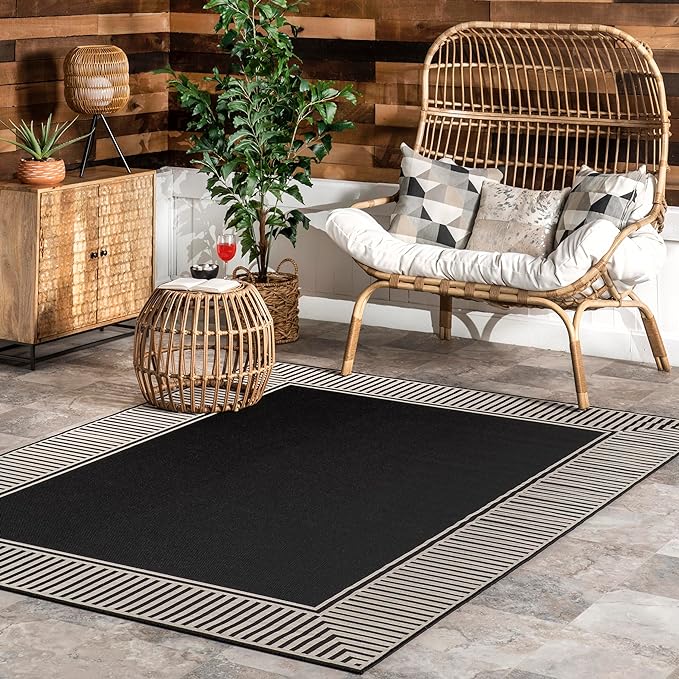 Nuloom Asha Black/Ivory, 8' x 10', Casual, Striped Border, Soft and Cozy, High Traffic, Stain Resistant, Easy Clean, Durable Area Rug for Indoor/Outdoor Patio, Deck, Porch, Garden, Courtyard