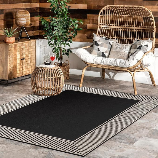 Nuloom Asha Black/Ivory, 5' x 8', Casual, Striped Border, Soft and Cozy, High Traffic, Stain Resistant, Easy Clean, Durable Area Rug for Indoor/Outdoor Patio, Deck, Porch, Garden, Courtyard