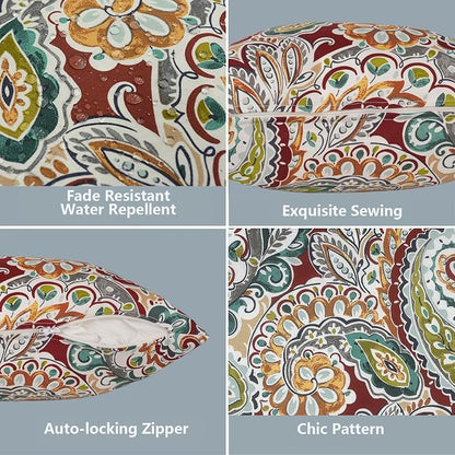 LVTXIII 2 Pack Outdoor Throw Pillow Covers for Patio Furniture, 16x16 Inch Square Pillow Case, Water-Repellent Cushion Covers for Garden, Porch, Sofa, Vibrant Paisley