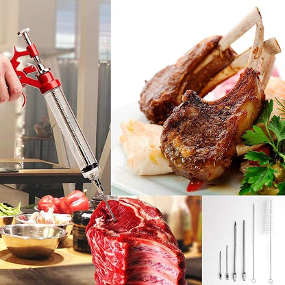 Meat Injector Marinade Gun Stainless Steel Outdoor Kit Flavor Food Syringes & 4 Marinades Needles for BBQ Grill Smoker Injectors Professional Syringe Held Culinary Barbecue Tool
