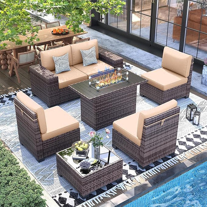 UDPATIO Patio Furniture Set with Fire Pit Table, 8 Inch Armrest 7 Piece Outdoor Sectional Sofas, All-Weather Wicker Conversation for Garden, Backyard, Brown/Khaki